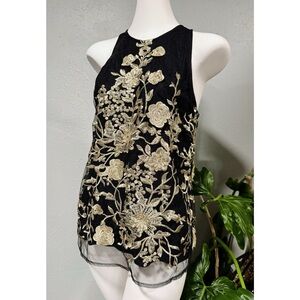 Sunday in Brooklyn Black and Gold Floral Blouse small EUC